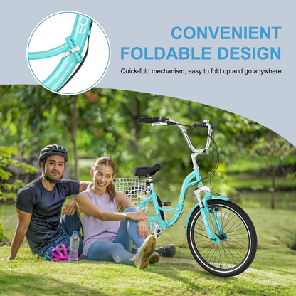 NAIZEA 7-Speed 20/24/26 Inch Adult Tricycle, Folding Steel Trike with Large Basket, Low-Step Through for Women, Men, Seniors