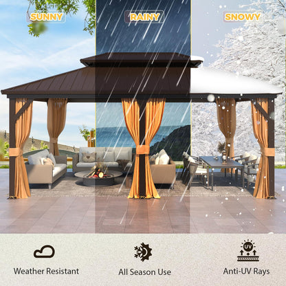 YOLENY 12' x 18' Gazebo Hardtop with Aluminum Frame,Galvanized Steel Double Roof Gazebos with Curtain and Netting,Outdoor Metal Pergolas for Garden, Lawn, Deck, Brown
