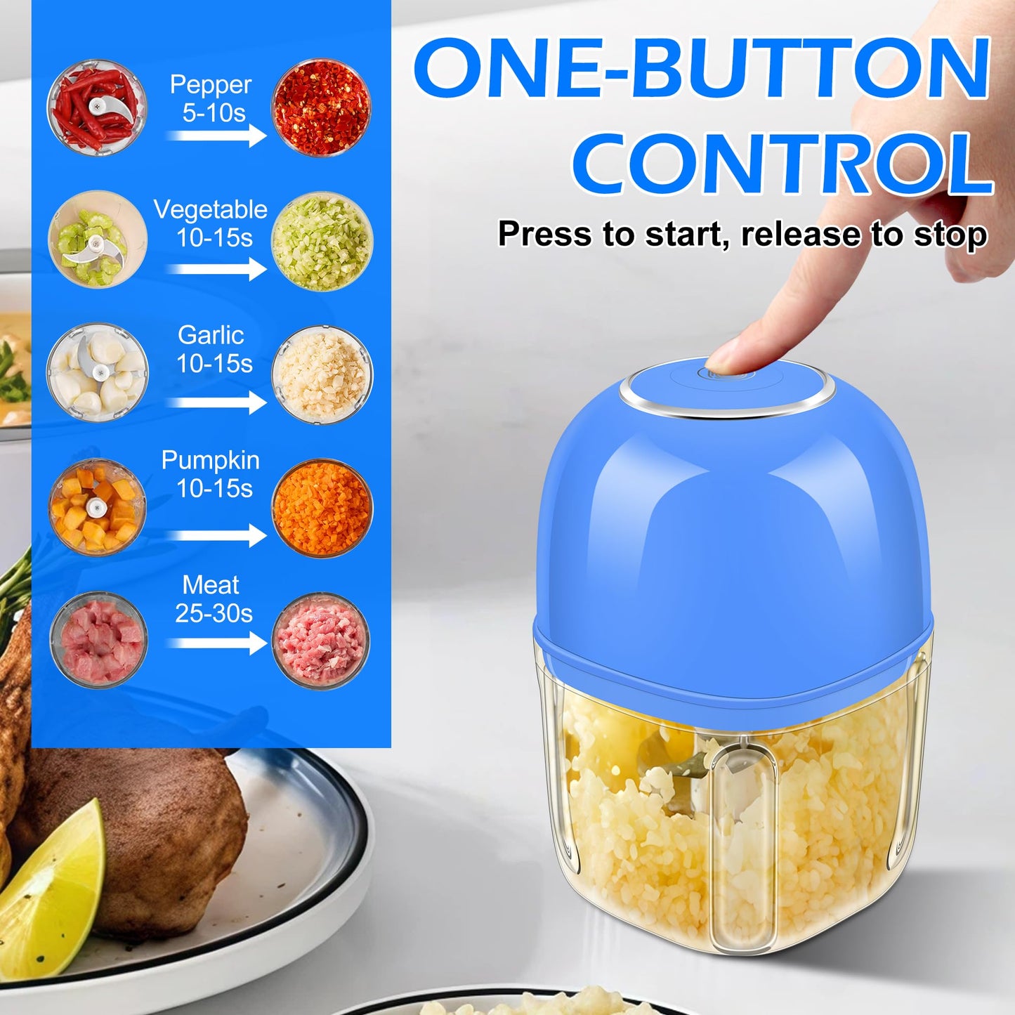 Electric Garlic Chopper, 350ML (1.4 Cup) Blue Mini Food Processor, Mini Chopper, Small Garlic Grinder Mincer for Onion, Ginger, Chili, Fruit, Meat
