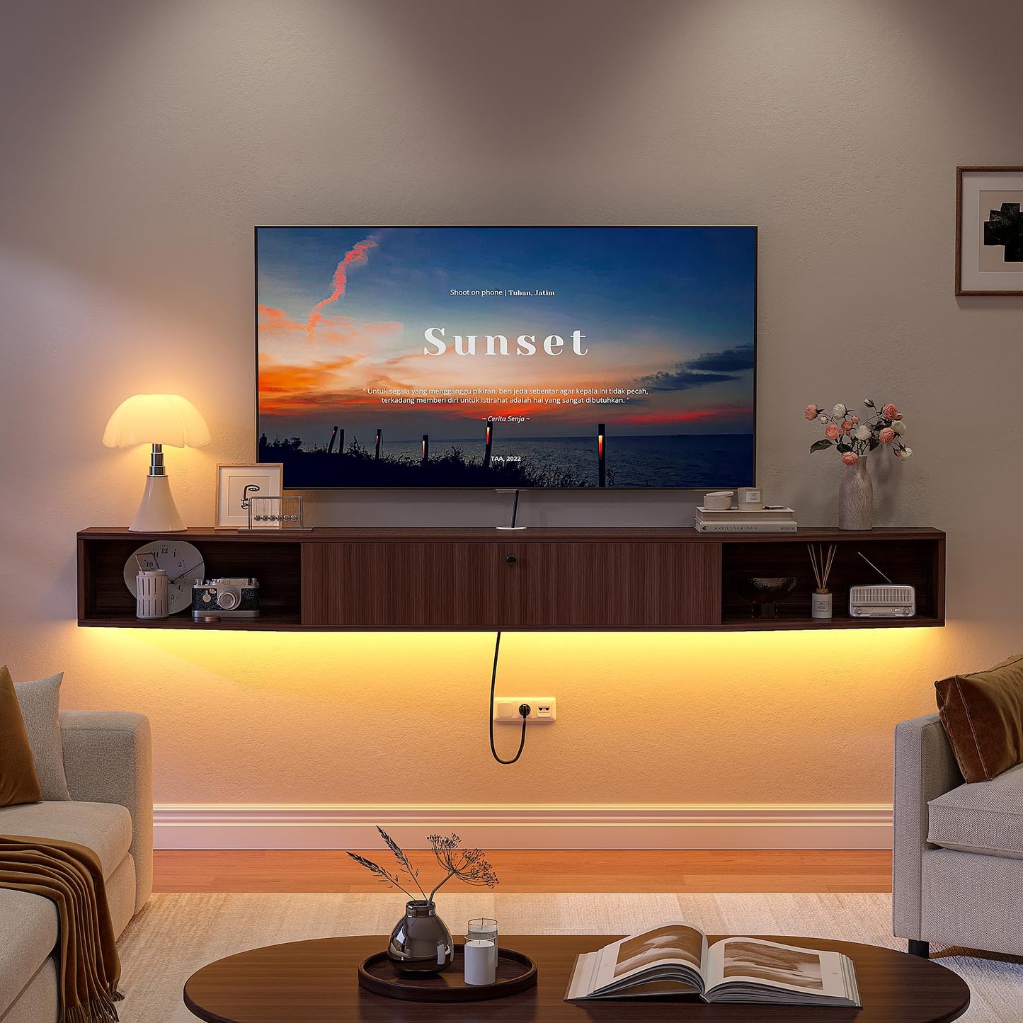 FloatiCasa 78inch Floating TV Stand, Plywood Wall Mounted Media Console with 1 Flip Down Door & 5 Open Shelves, Modern Floating Entertainment Center with Wire Management for Living Room, Walnut