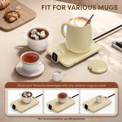 Coffee Mug Warmer & iKago Mug Set, Temperature Control Smart Heated Mug for Desk, Electric Coffee Warmer with Auto Shut Off & Real-Time Temp Display, Gifts for Men Women, 15oz Ceramic Mug