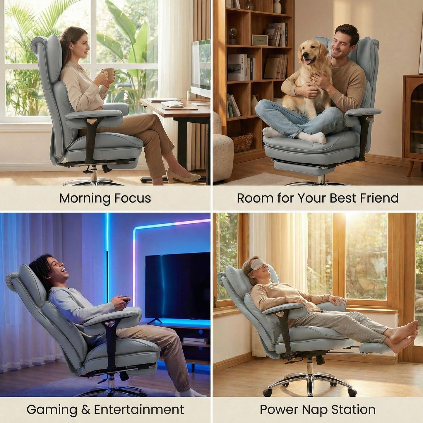 Efomao Big & Tall Executive Office Chair with Footrest - 400lbs Heavy Duty High Back PU Leather Desk Chair, Modern Ergonomic Reclining Computer Chair, Grey