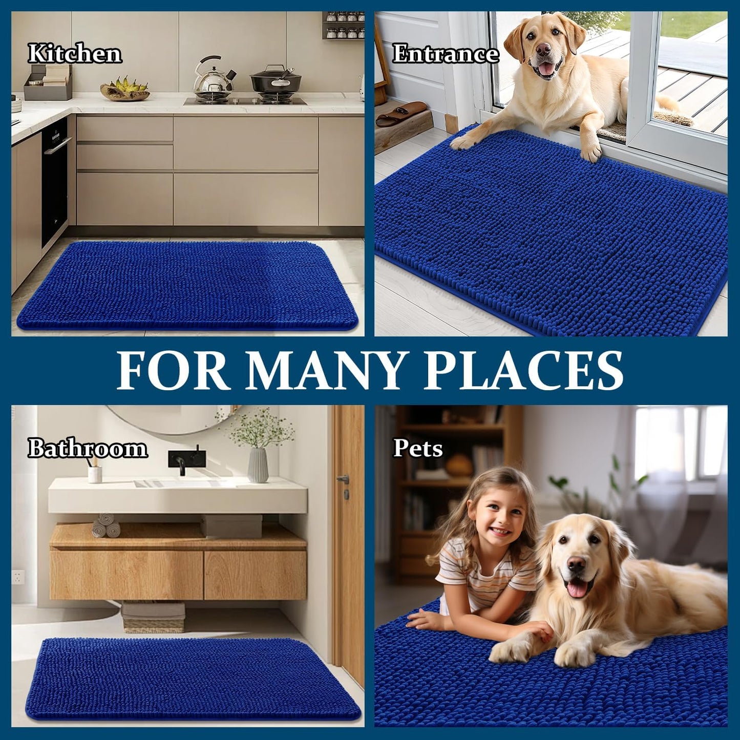 OLANLY Dog Door Mat - Absorbent Non-Slip Chenille Mat for Muddy Paws | 47x20 Royal Blue Indoor Carpet