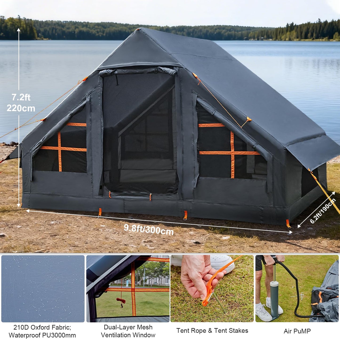 Inflatable Tents for Camping, 4-6 Person Easy Blow Up Tent with Hand Pump,4 Seasons Waterproof Air Inflatable Camping Tent House for Family Weekend Camping，Grey