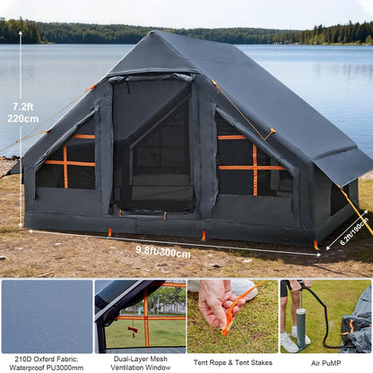 Inflatable Tents for Camping, 4-6 Person Easy Blow Up Tent with Hand Pump,4 Seasons Waterproof Air Inflatable Camping Tent House for Family Weekend Camping，Grey