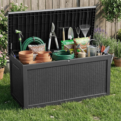 ROJIK 320 Gallon Deck Box Outdoor Waterproof,Weatherproof Outdoor Storage Boxes Lockable with Lid,Outside Resin Storage Bench for Patio Cushions,Garden Tools and Pool Accessories(Black)