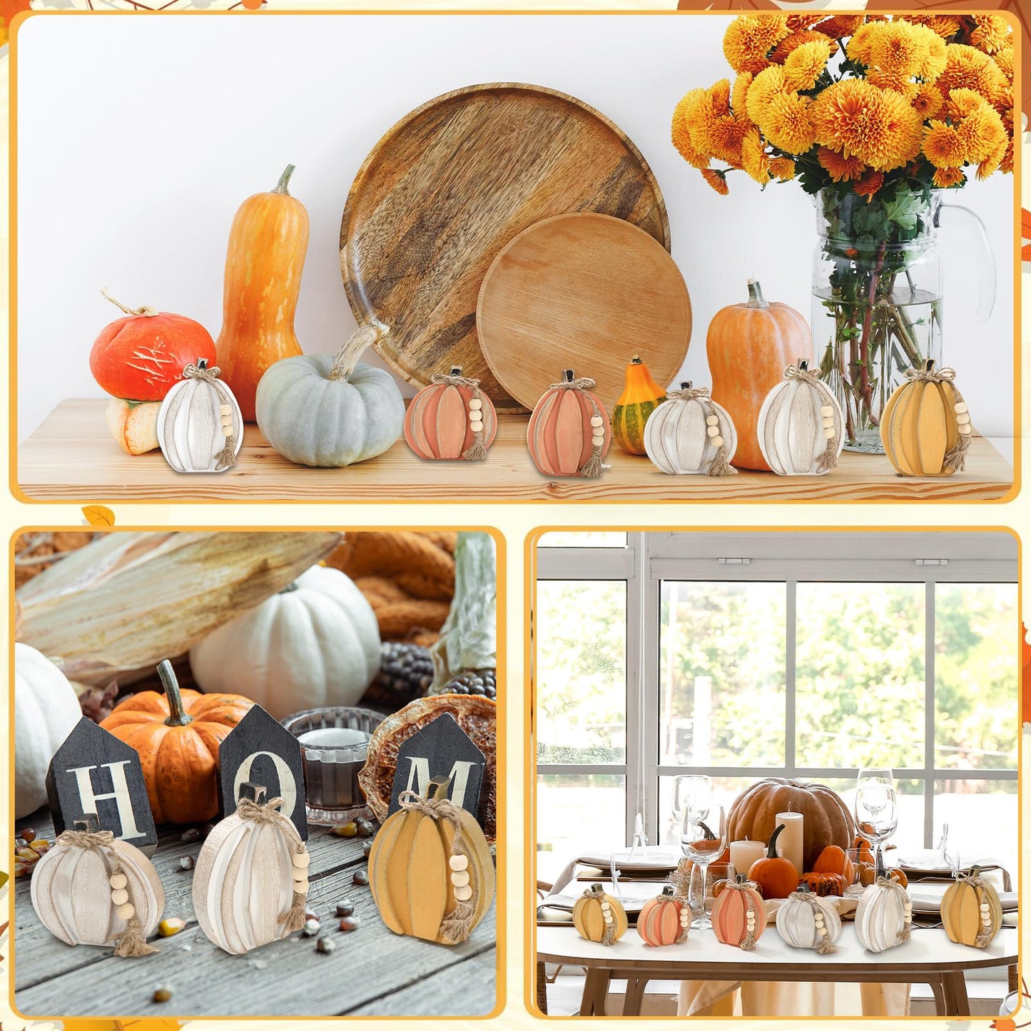 JarThenaAMCS 6 Pcs Fall Wooden Signs 3D Retro Pumpkin Wood Tabletop Signs with Hemp Rope Autumn Harvest Desktop Centerpiece for Thanksgiving Farmhouse Table Tiered Tray Home Kitchen Decor