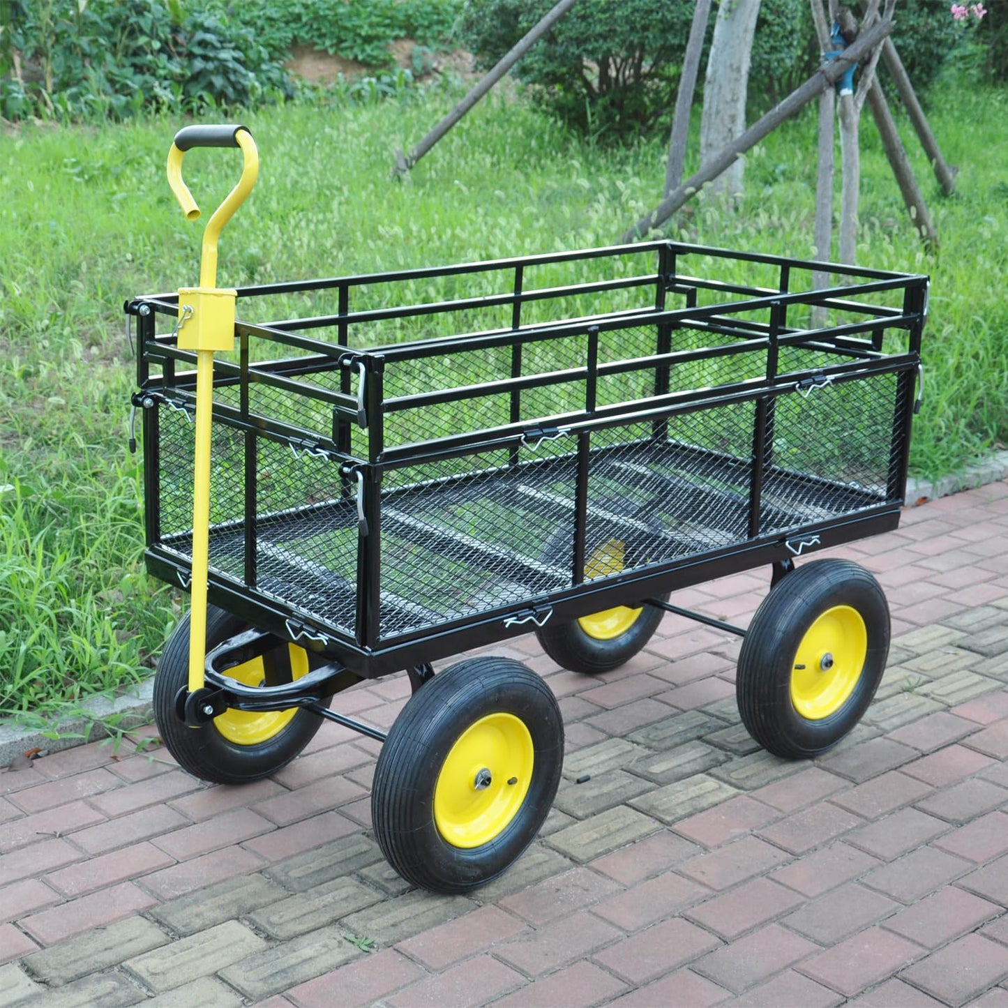 Heavy-Duty Iron Garden Cart Wagon with 1100 lbs Capacity, 15 inch Pneumatic Tires for Firewood, Debris & Outdoor Tasks - 55" L x 24" W x 46.8" H,Yellow & Black