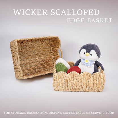 Set 2 LUSYDECO of Scalloped Edge Wicker Storage Basket with Built-in Handles, Rectangle Water Hyacinth Basket