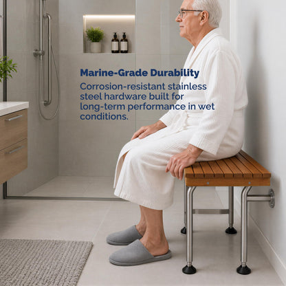 Teak Shower Seat Bench with Drop Down Legs – ADA Compliant Folding Teak Shower Bench, Wall Mounted Fold Up Bath Seat, 400 lb Capacity, Waterproof Teak Wood (24 Inches)