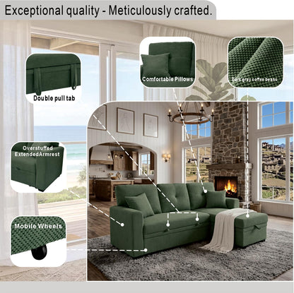 Eafurn 71" L Shaped Sectional Sleeper Sofa Bed with Pull Out Bed, Comfy Fabric Corner Sleeper Sectional Pull Out Couch with Tufted Backrest/Reversible Storage Chaise/2 Pillows