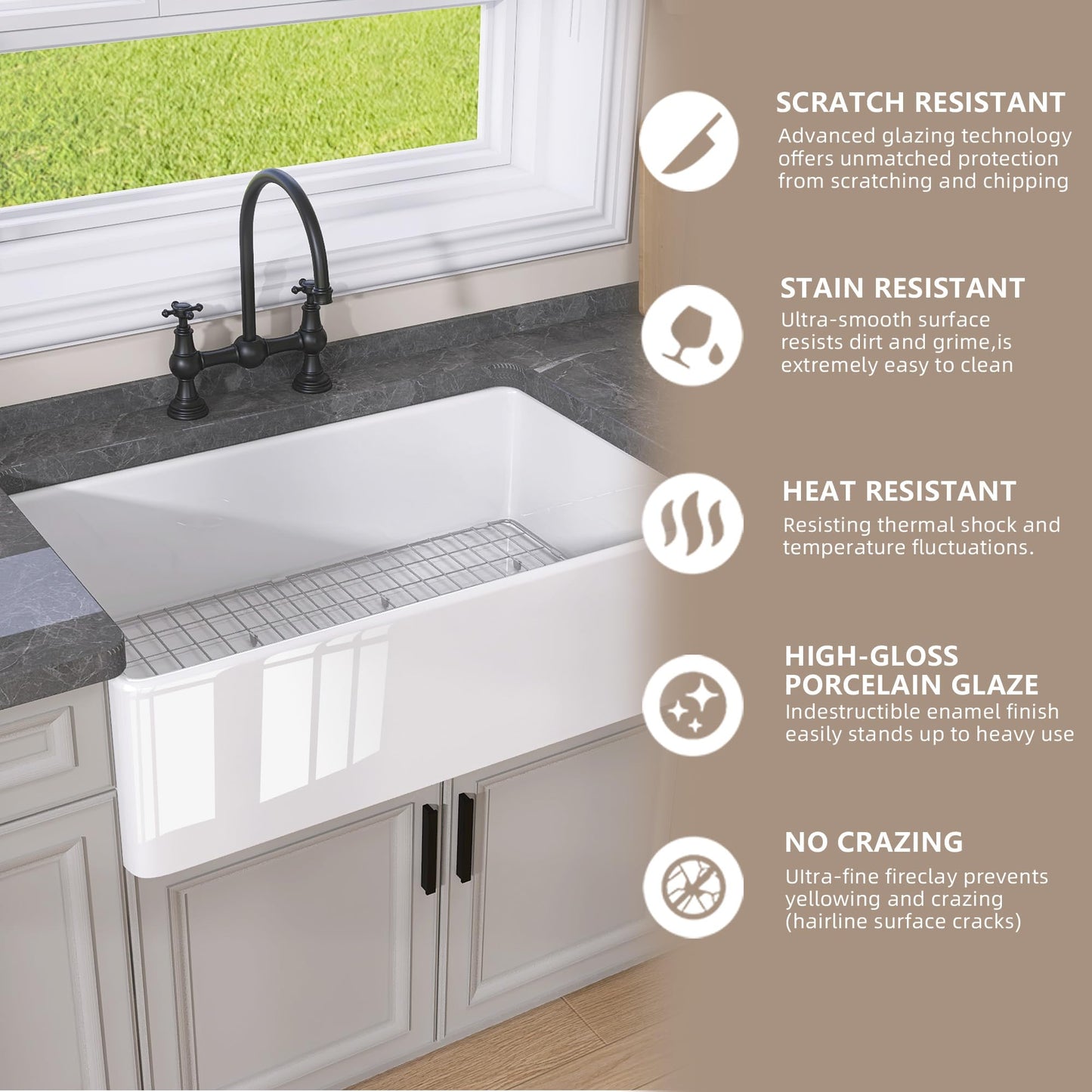 GETPRO White Farmhouse Kitchen Sink 30 inch Fireclay Apron Front Farm Sink Undermount Single Bowl Reversible Farmer House Style Kitchen Basin with Modern Accessories