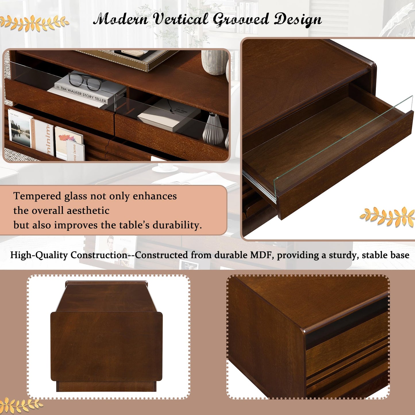 Merax Modern 47.2" Rectangle Coffee Table with 4 Drawers and 2 Display Shelves, Wood Fluted Style Center Tables w/Tempered Glass for Living Room Reception Room, Brown