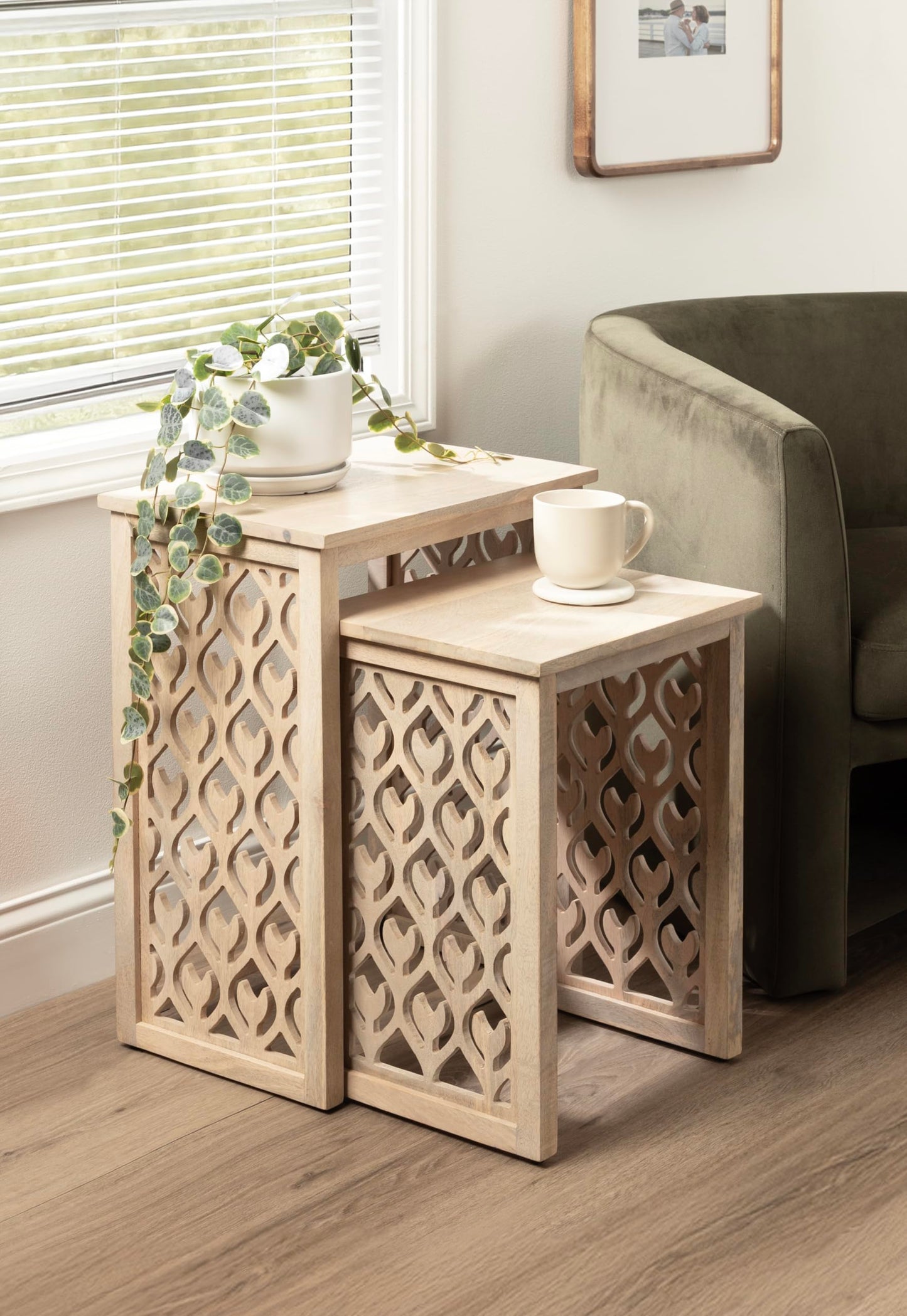 Kate and Laurel Karni Modern Mango Wood Living Room Nesting Tables, Set of 2, Whitewash, Decorative Coastal Solid Wood End Tables for Use as Bedroom Nightstands or Entryway Decor Accents