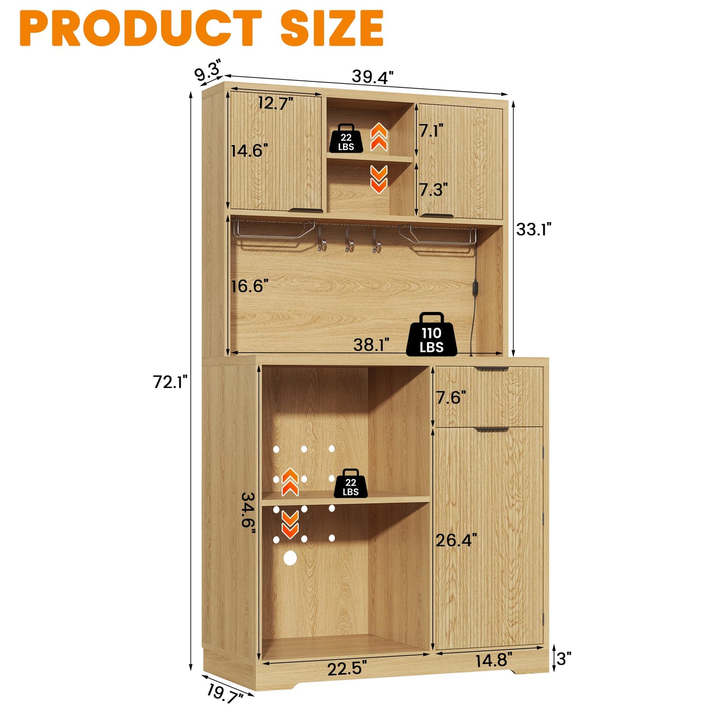kepptory 72" Mini Fridge Cabinet with Storage, Coffee Bar Cabinet with Mini Fridge, Tall Coffee Bar Station with RGB LED Light, Wine Glass Holder, for Home Kitchen Living Room, Retro