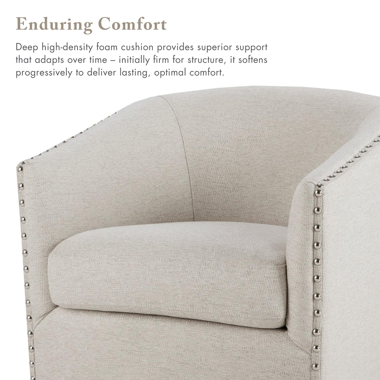 Madison Park Swivel Barrel Accent Chair, Upholstered Curved Back with 7-Inch Thick Woven Cushion, 360° Swivel, Nailhead Trim, Comfy Chair for Living Room, Bedroom, Office, 28" Wide, Neutral, Tyler