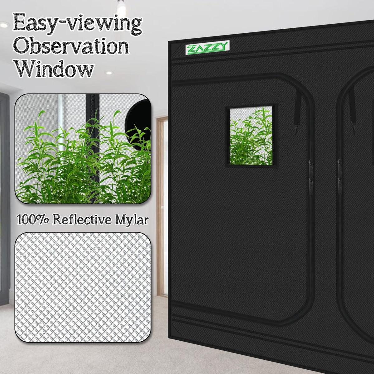 zazzy Grow Tent, 120"x60"x78" Hydroponic Mylar Grow Tent Reflective Garden Growing Dark Room with Observation Window, Removable Floor Tray and Tool Bag for Indoor Plant Growing 10x5