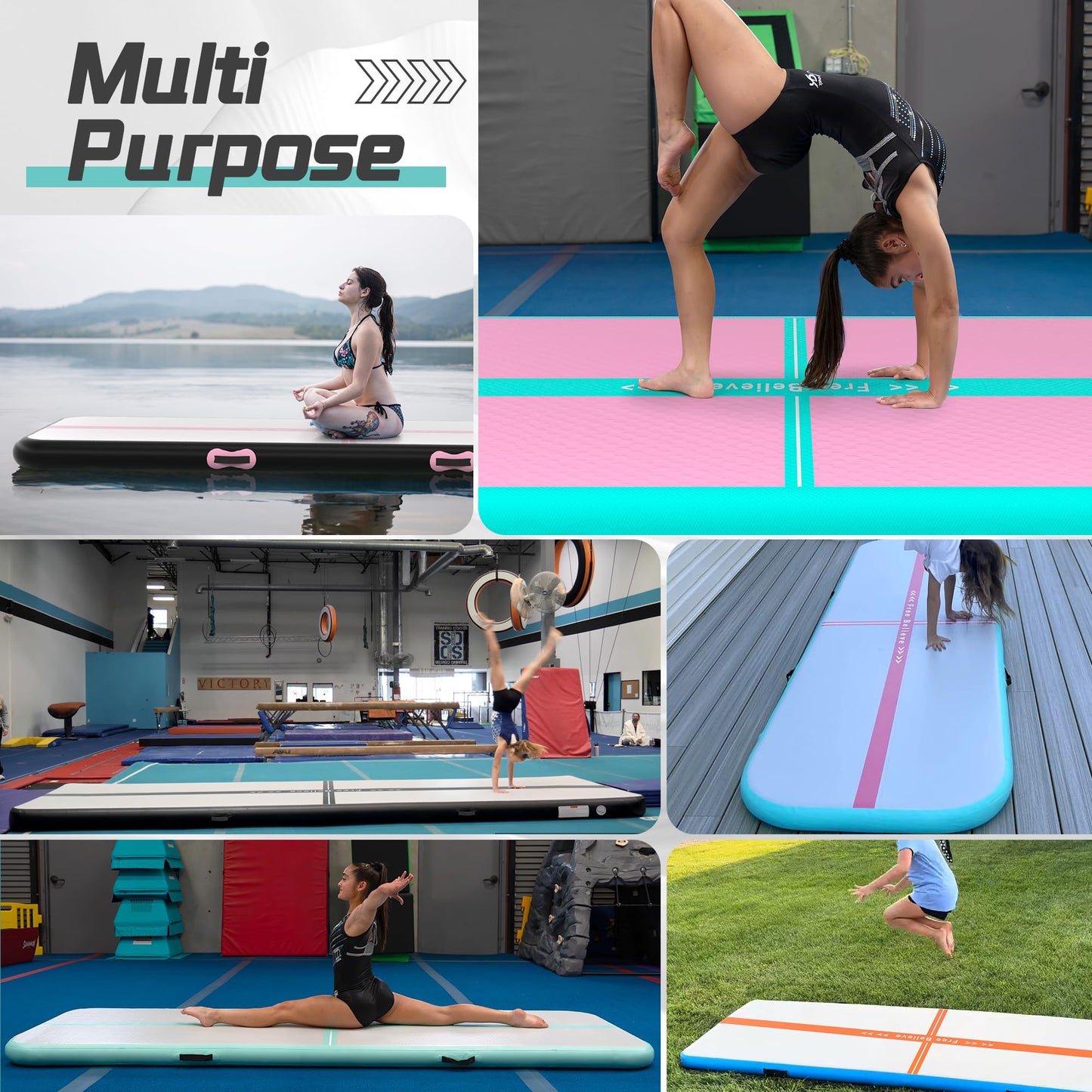 FINCOME Inflatable Gymnastics Mat Air Tumble Track Mats 10/13/16/20ft Training Mats for Home Use Air Mat with Pump 4”/6” Thick for Cheerleading/Yoga/Parkour/Beach/Park/Water