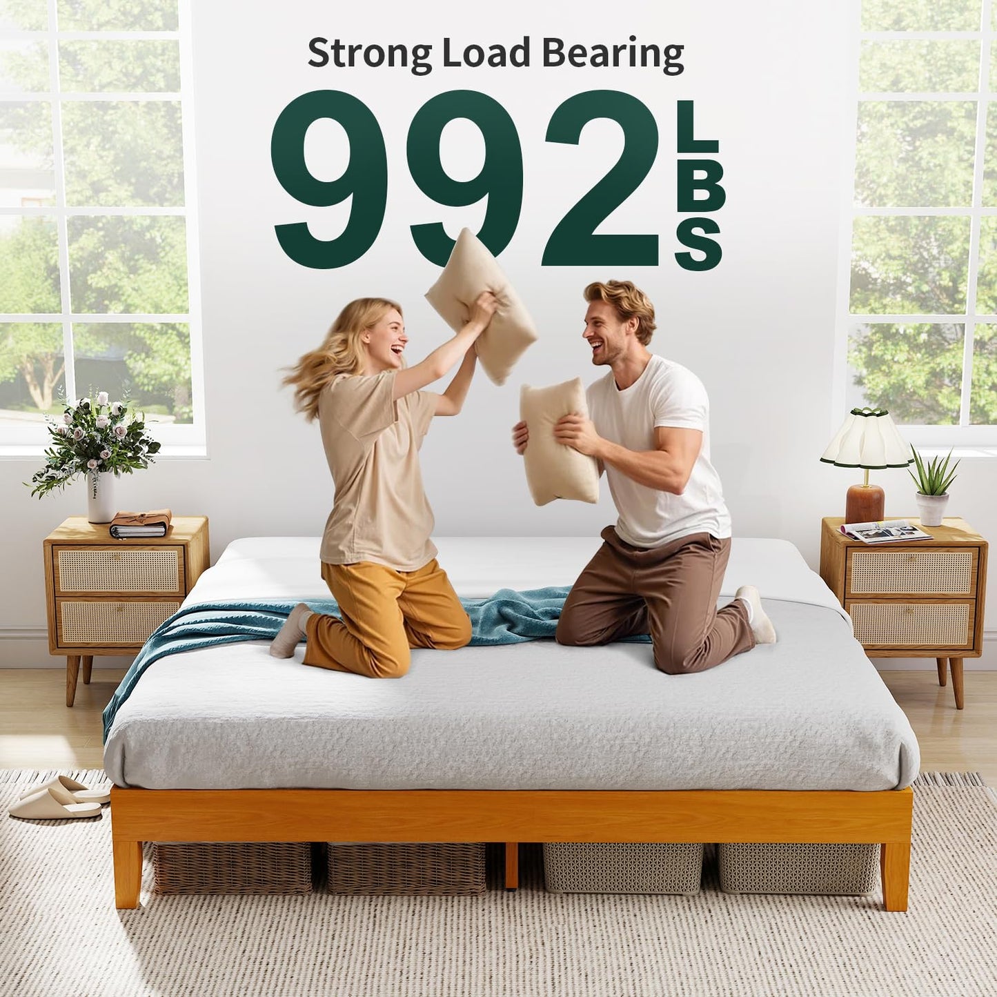 FDW Solid Wood Platform Bed Frame King Size, Wooden Bed Base with Sturdy Slat Support, No Box Spring Needed, Noise-Free Design, Easy Assembly, Stylish & Durable, Brown