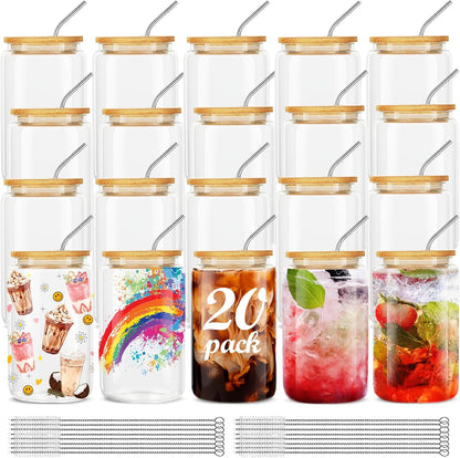 20Pcs Straws,16Oz Set,Water ASKIZ Glass Cups With Bamboo Lids and Ice Coffee Cup,Drinking Glasses Cups Bottles Glasses