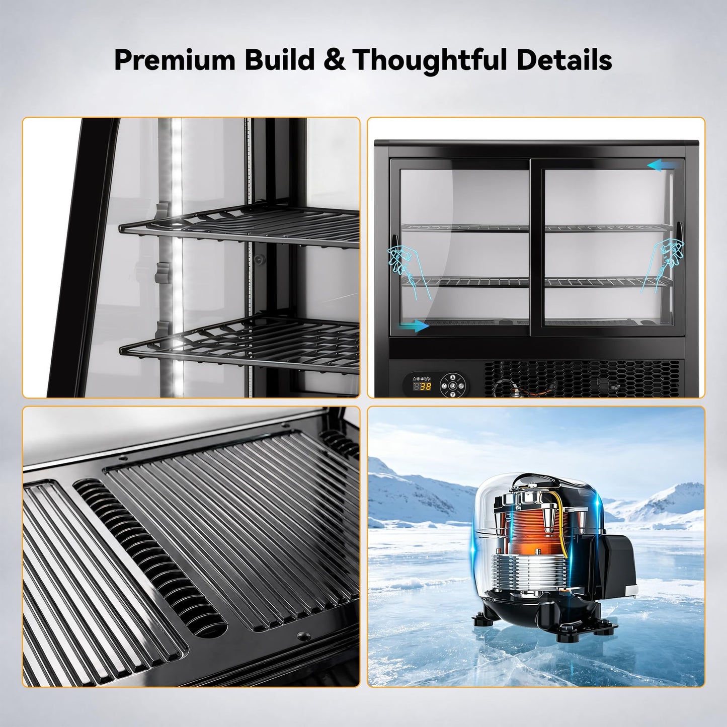 Tylza Commercial Refrigerator Display Case, 3.5 Cu.Ft/100L Countertop Refrigerated Showcase, White LED Lighting, Double Glass Door, 36-54°F, Auto Defrost for Bakery, Cafe, Store