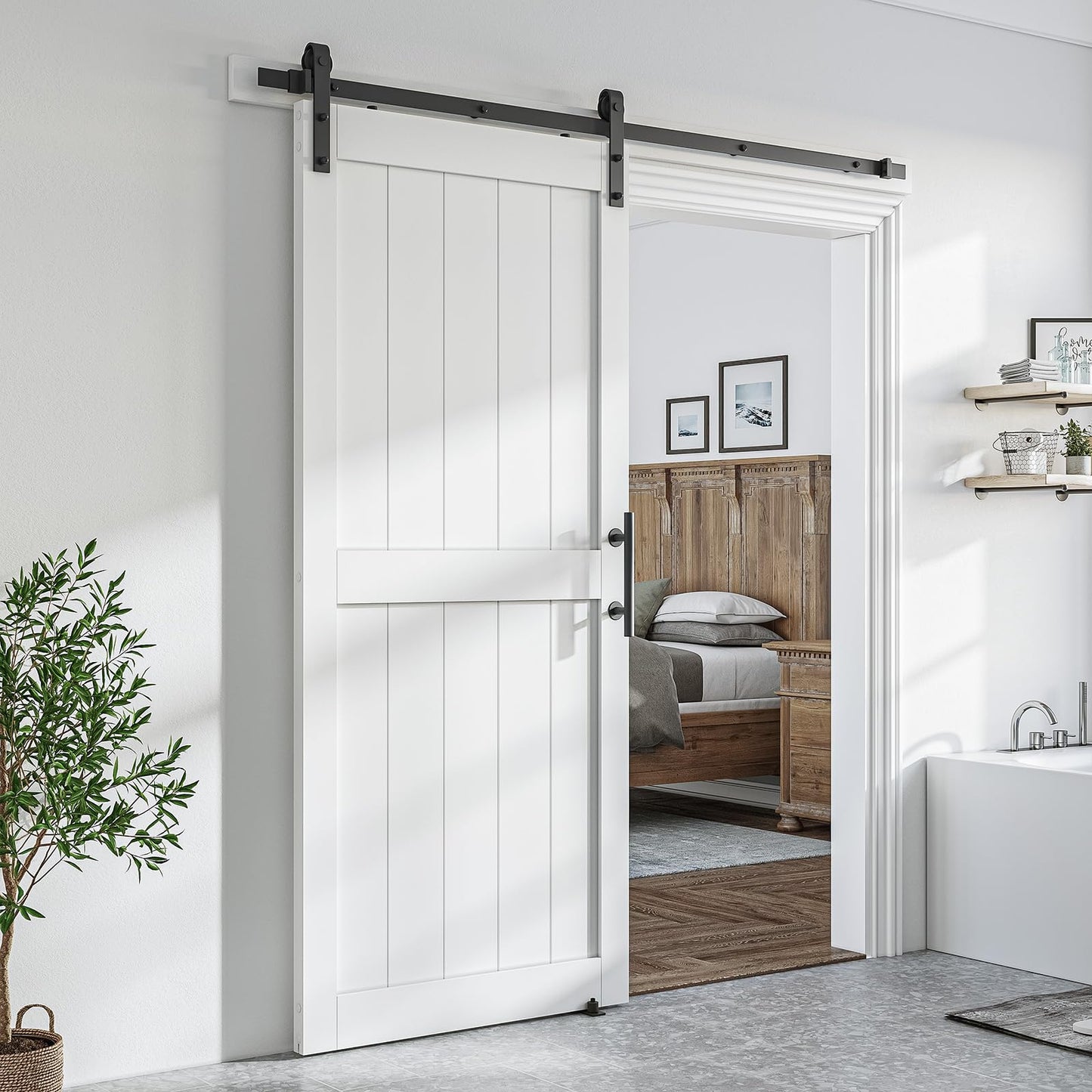 SmartStandard 38 x 84 inch White Sliding MDF Barn Door with 6.6FT Black Sliding Door Hardware Kit & Handle, Pre-Drilled Ready to Assemble, Waterproof PVC Coating, H-Frame