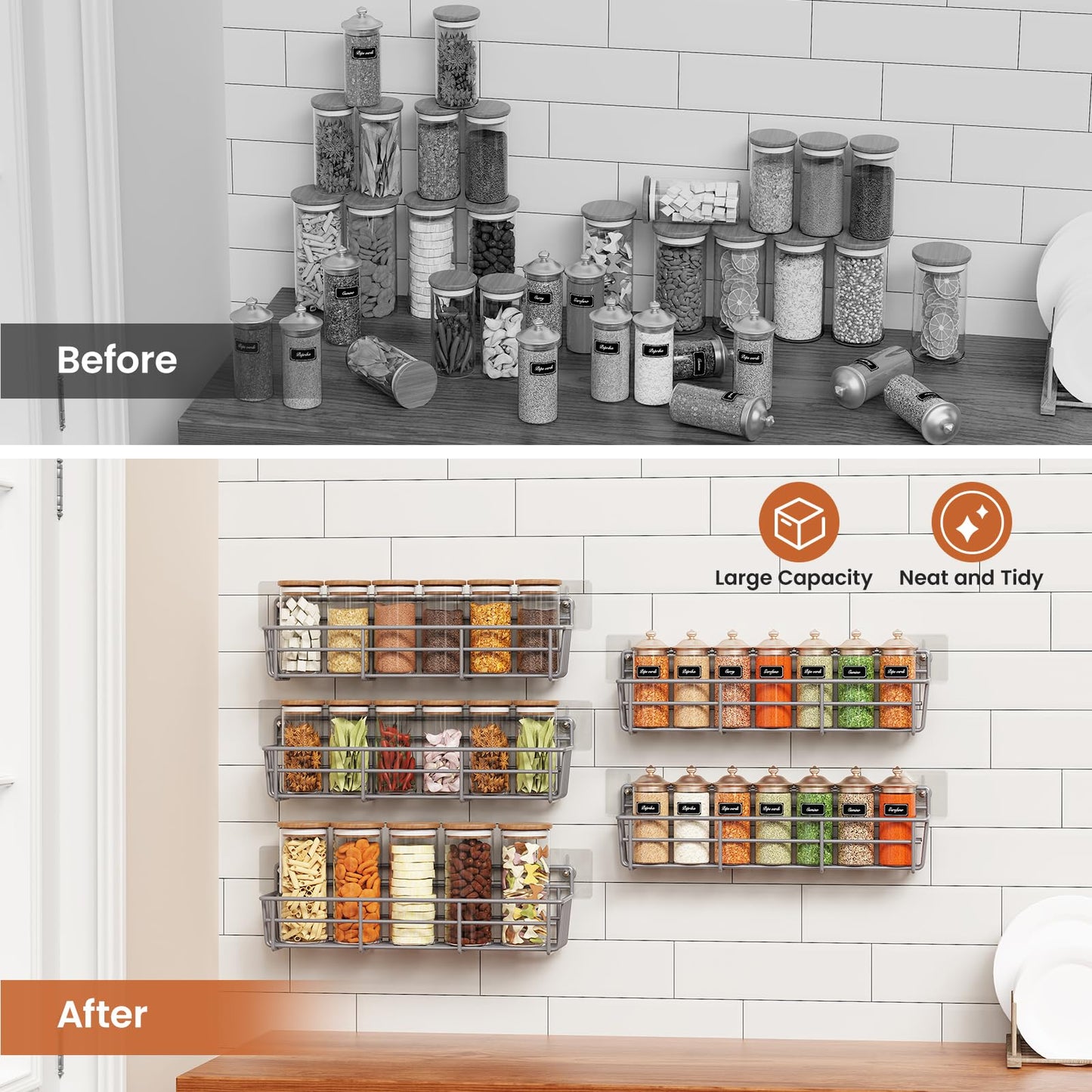 5 Pack Spice Rack Seasoning Organizer Wall Mount, Screw or Adhesive Hanging Shelf Basket Spice Organizer Shelf for Kitchen, Black