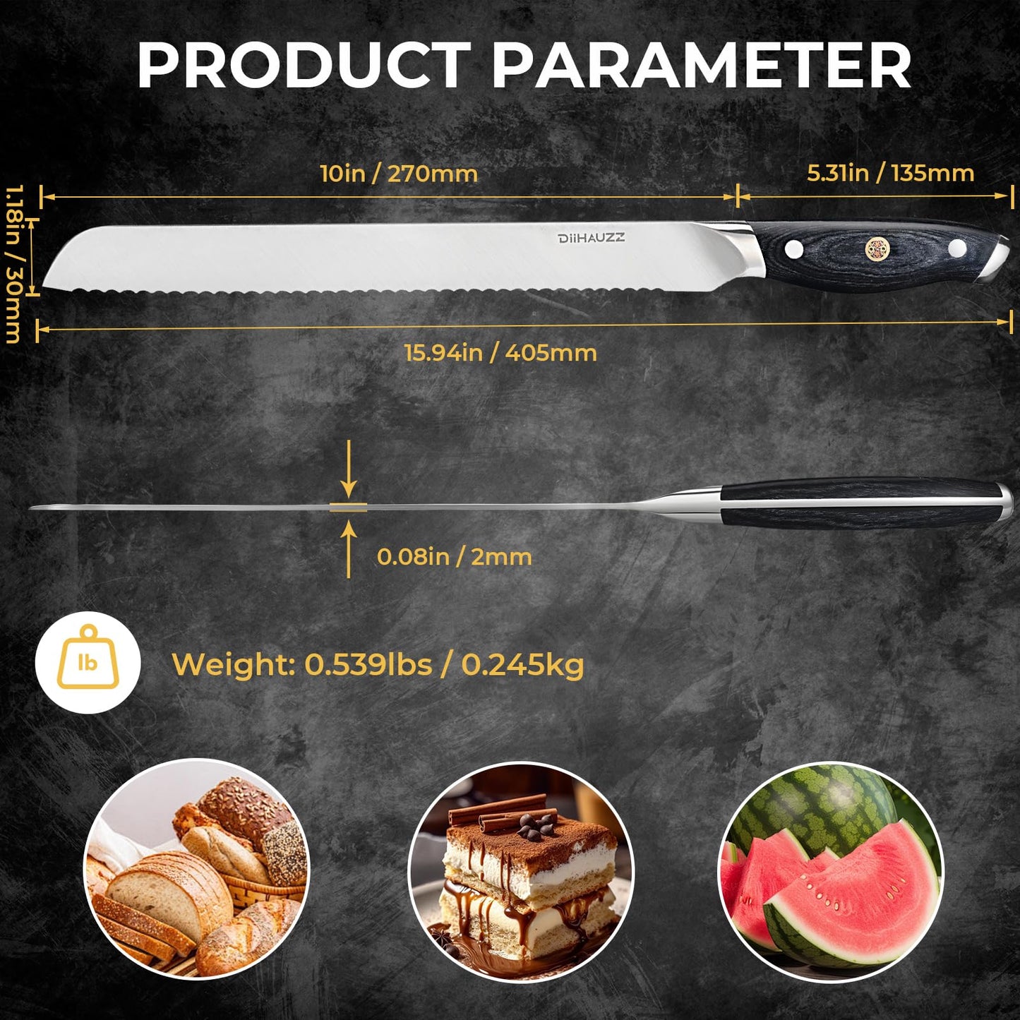 DiiHAUZZ Bread Knife, 10 Inch Serrated Knife for Slicing Homemade Bread, Razor Sharp High Carbon Steel, Professional Bakery Kitchen Knives with Full Tang Ergonomic Handle for Sourdough, Bagel, Cake