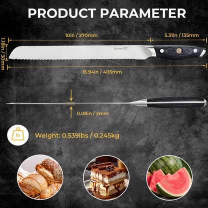 DiiHAUZZ Bread Knife, 10 Inch Serrated Knife for Slicing Homemade Bread, Razor Sharp High Carbon Steel, Professional Bakery Kitchen Knives with Full Tang Ergonomic Handle for Sourdough, Bagel, Cake