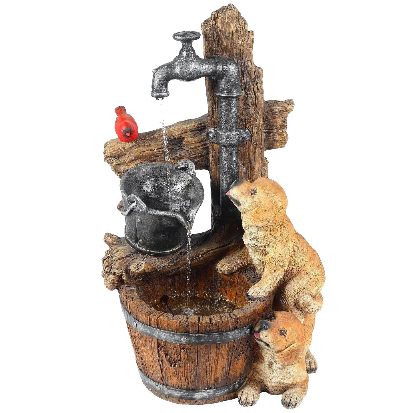 LuxenHome Water Fountain Outdoor, 30" Rustic Outdoor Water Fountain with LED Lights, Rustic Barrel Puppy and Pump Water Feature Outdoor, Garden Fountains Outdoor Patio, Porch, or Indoor Entryway