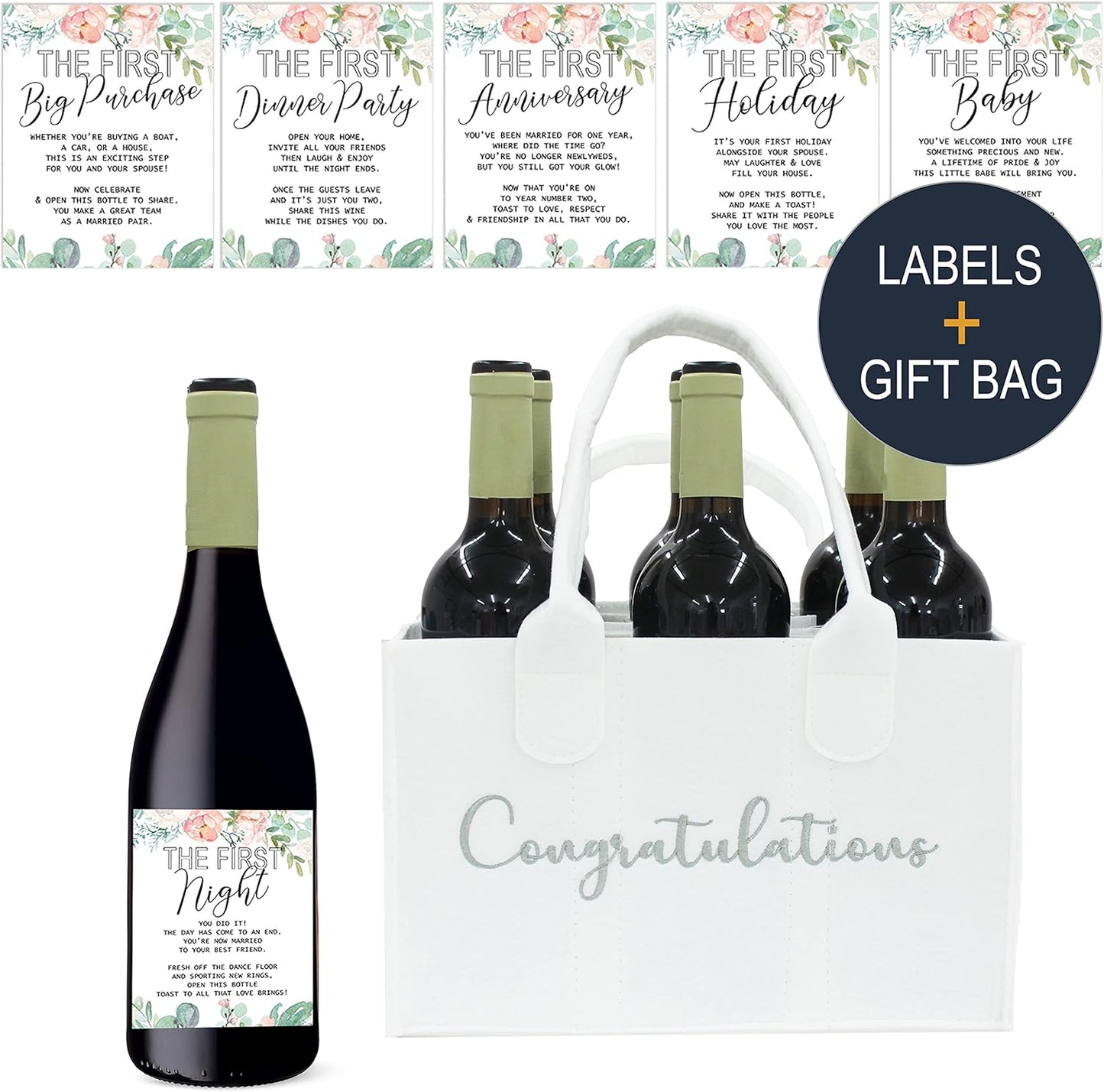 Milestone Wine Labels and Gift Bag, 6 Bottle Congratulations Wedding Wine Crate with Wedding Milestone Stickers
