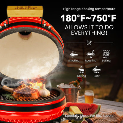 Upgraded 13 inch Ceramic Kamado Grill with Waterproof Air Vent Cap | Portable Tabletop Charcoal BBQ Grill Smoker for Outdoor Cooking, Patio, Camping | Red