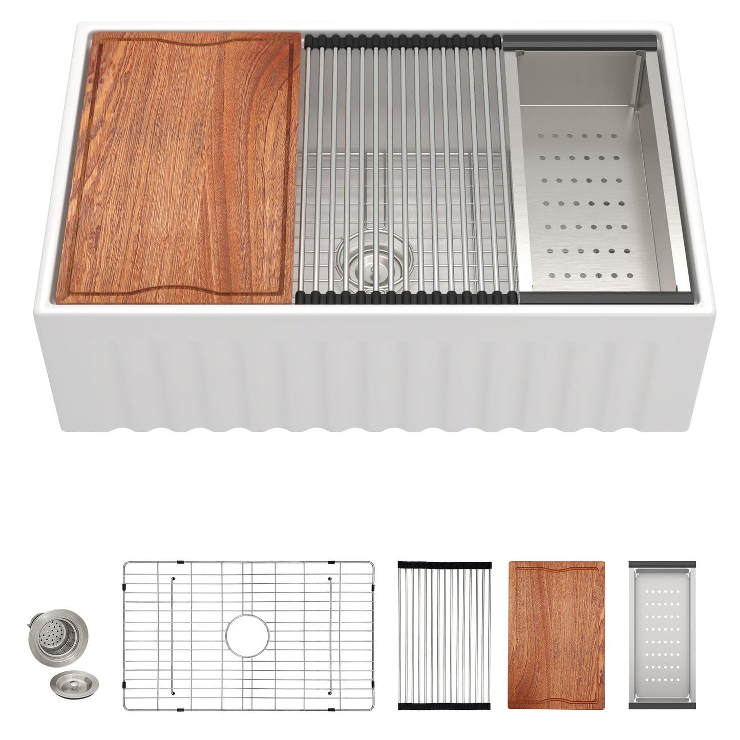 33 White Farm Sink Workstation - Fulorni 33 Inch Farmhouse Kitchen Sink Workstation Flat Apron Front White Ceramic Porcelain Fireclay Single Bowl Farmer Style Basin