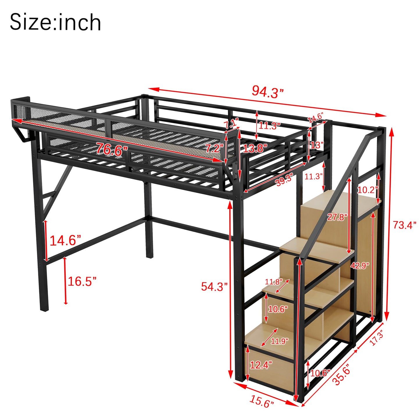DNYN Full Size Loft Bed with Storage Shelves & Wardrobe & Staircase Design for Kids/Adults Bedroom,Sturdy Metal High Bedframe w/Safety Guardrails,Super Save Space & No Box Spring Needed, Black
