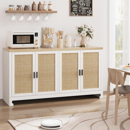 GarveeHome 60 in Farmhouse Rattan Buffet Cabinet - 4-Door Woven Storage Sideboard with Adjustable Shelves, Kitchen Console Table for Dining Room & Living Room Entryway (White & Brown)
