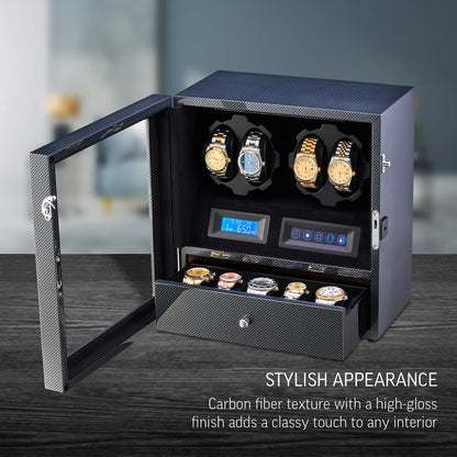 4 Watch Winder with 5 Watch Storage Space, LCD Display, Touch Control and Interior Light (Carbon + Black Velvet)
