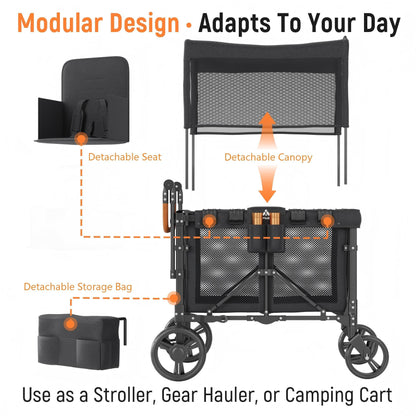 VELUVIA Wagon Stroller Outdoor for 2 Kids - Double Toddlers Stroller with Canopy & Removable Seat Pads, 2 Seater Push Pull Wagon One-Hand Fold, Shock-Absorbent Wheels & Safety Harness, Black