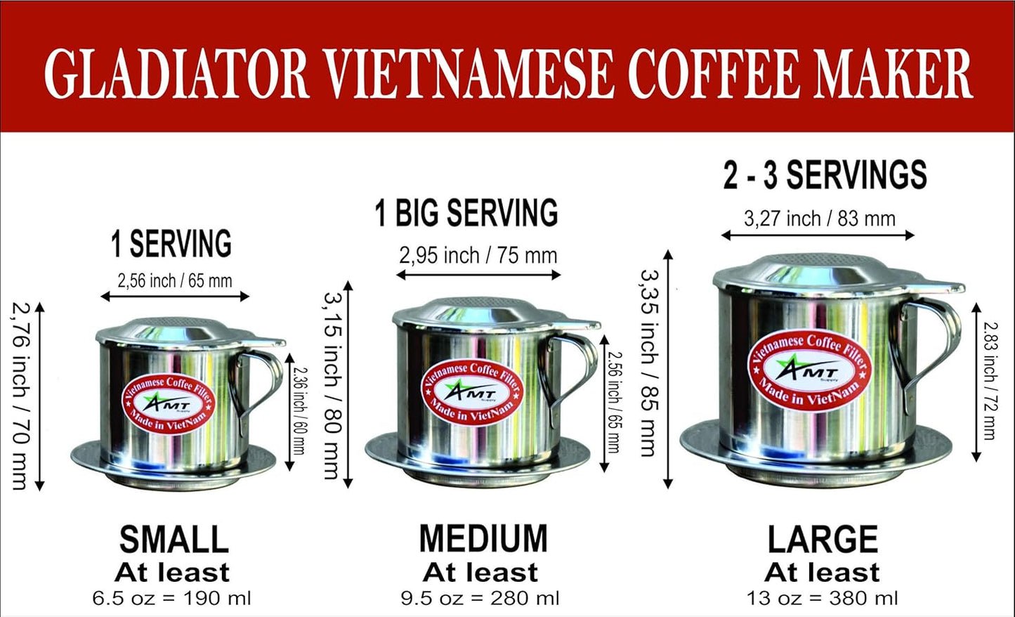 AMT 9.5 oz Coffee Maker with Phin Filter, Screw Down Dripper for Vietnamese Style Coffee at Home