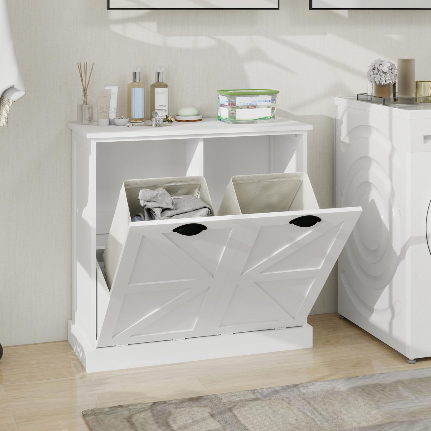 agnixnaf Laundry Sorter Cabinet, Two-Compartment Tilt-Out, White Storage Cabinet, for Small Bothroom