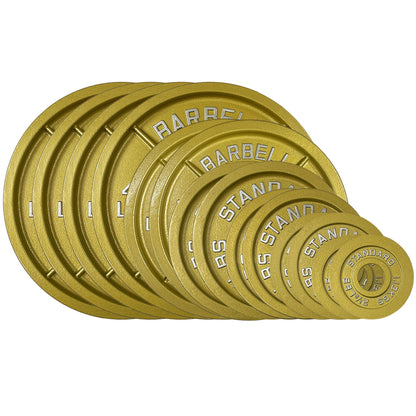 Gold Finish Olympic Steel Plates - Pairs and Sets 2 Inch Barbell Standard in Premium Gold for Weight Lifting (335lb Set)