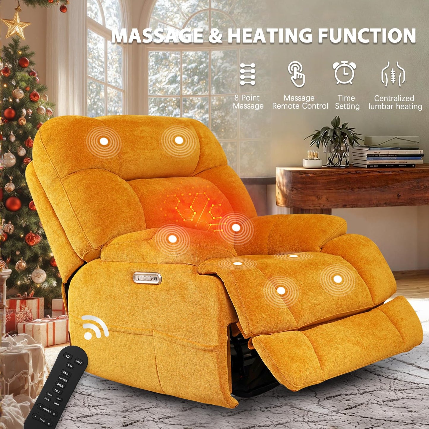 EONIX Dual Motor Zero Gravity Power Recliner Chair with Heat and Massage, 400lbs Lay Flat Recliner Sofa Chair with Extended Footrest, Cozy Padding and Cushion, SXXY007032, Orange