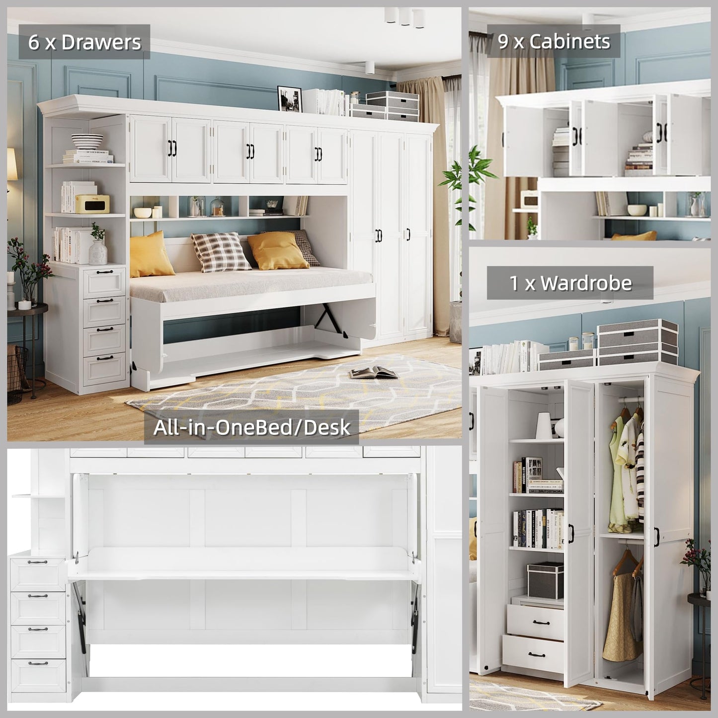 Merax Twin Size Murphy Bed with Desk, Multifunctional Wood Foldable Wall Bed with Wardrobe, Drawers and Cabinet, Space-Saving Hidden Bed for Guest Room Office, No Box Spring Needed, White