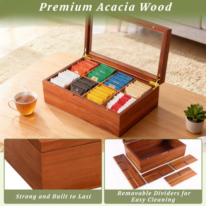 LANNEY Tea Bag Organizer - Acacia Wooden Tea Box Organizer Storage Box, Bag Holder Container with 8 Removable Compartments, Clear Window and Magnetic Lid for Coffee Sugar Countertop Kitchen Cabinet