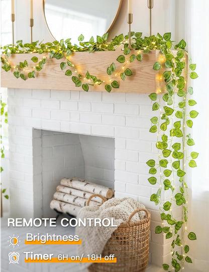 Suddus Vines String Lights - 33ft 100 LED Watermelon Leaves | Battery & USB Powered, Remote Control, Warm White
