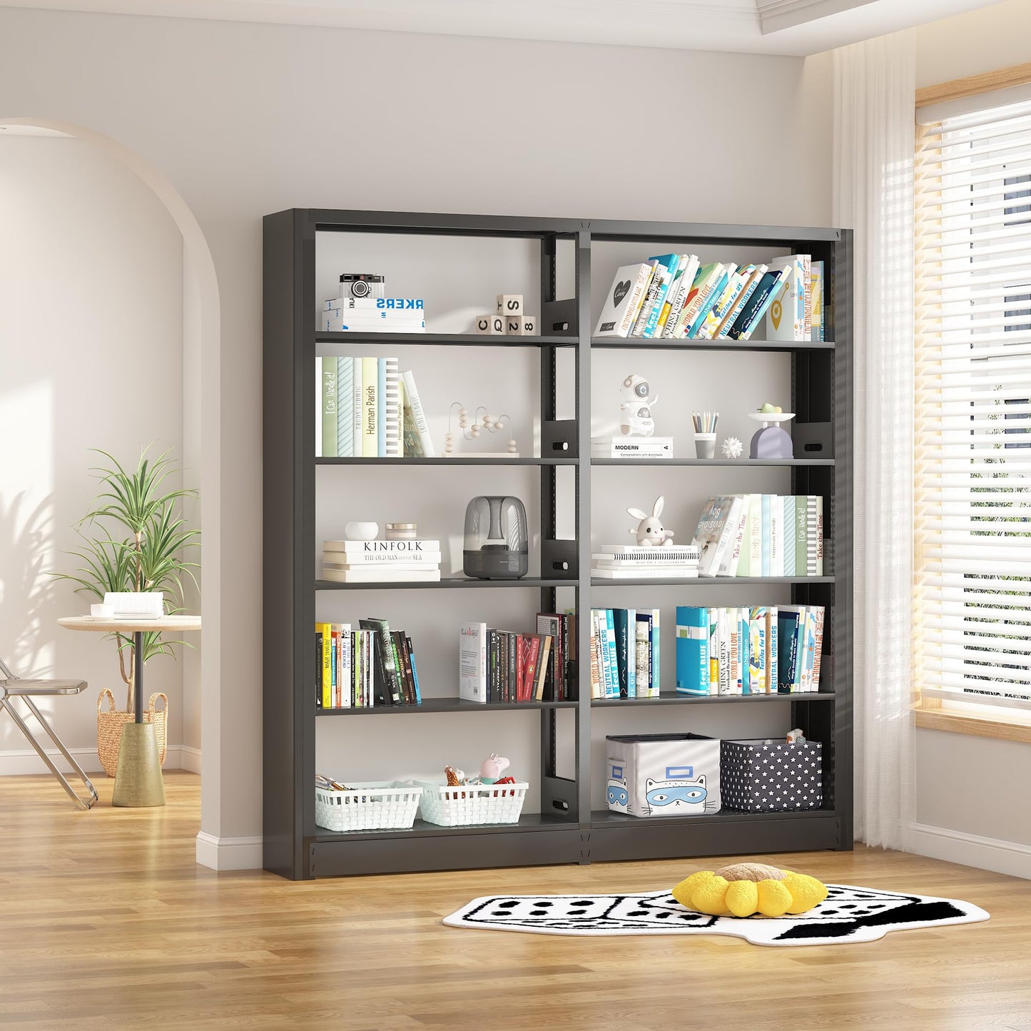 LyAosdFu 5-Tier Industrial Bookshelf, Black Bookcases and Bookshelves,Tall Metal Bookshelf Storage Organizer,Freestanding Book Shelf for Living Room,Home Office (Black, Shelf-2)