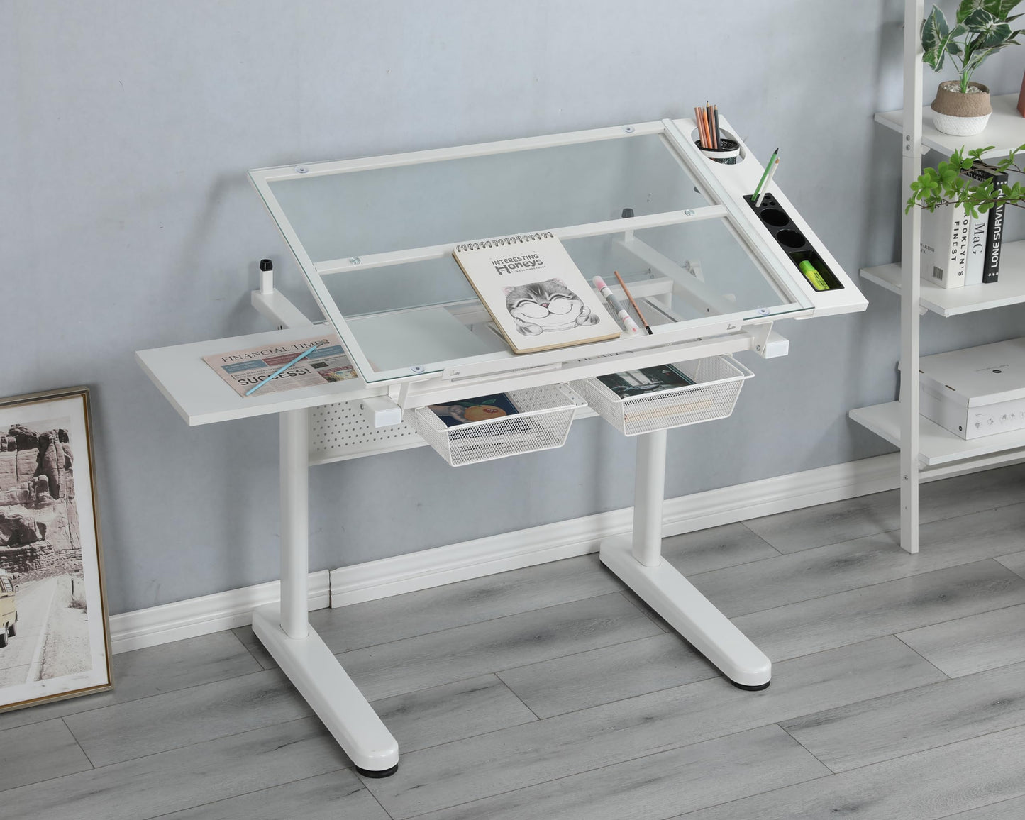 GOWE Hand Crank Adjustable Drafting Table Drawing Desk with 2 Metal Drawers (White) with Stool