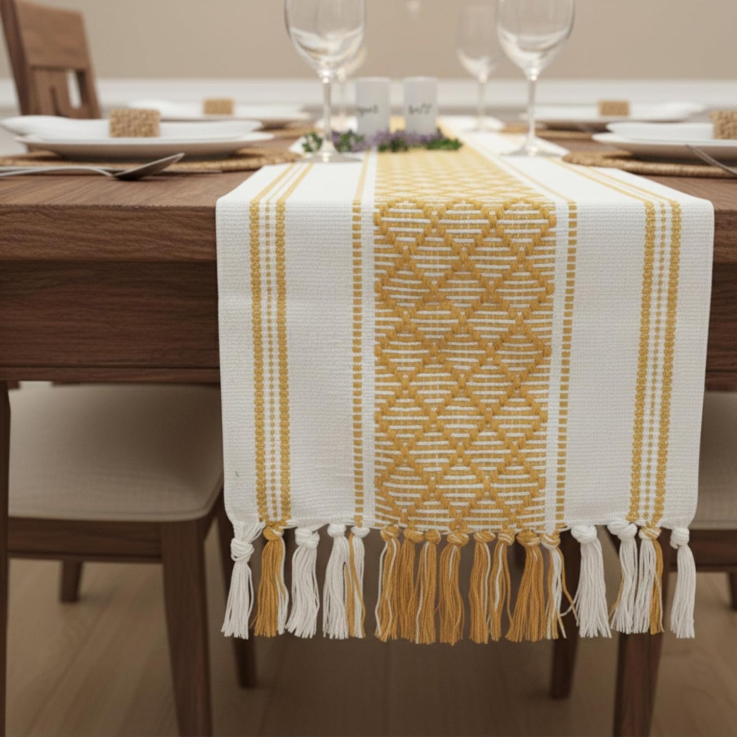14 90 Inches, Boho Table Runner with Tassels x Yellow & Cream | Woven Washable Console Table / Dresser Runner