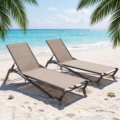 AreShark Aluminum Chaise Lounge Outdoor Set of 2,Textilene Patio Lounge Chair with 6-Position Adjustable Backrest,Stackable & Easy Assembly,Lightweight for Pool,Deck,Balcony,Lawn,Light Gray,Khaki