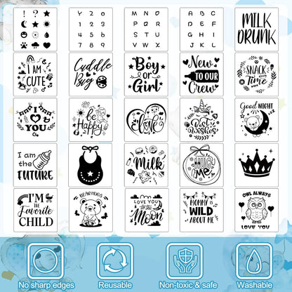 126 Set 25 25 24 1 50 Panitay Pcs Baby Shower DIY Bodysuit Bib Blank White Newborn Bodysuit Stencils Marker Sign
