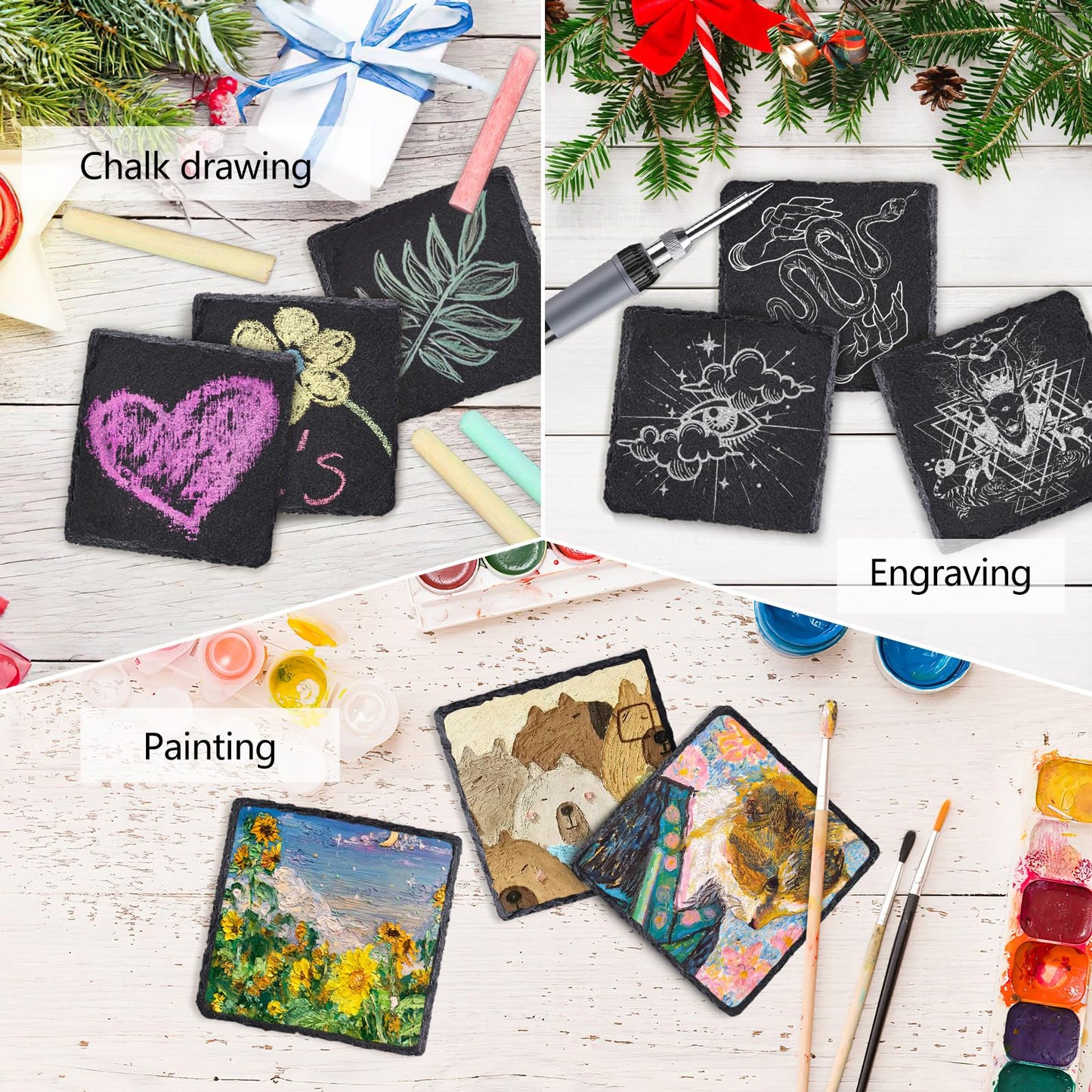 68 PCS Square Slate Drink Coasters Set, SIJDIEE 4 Inch Laser Engraving Black Slate Stone Coasters with Anti-Scratch Bottom and Coaster Holder for Office Bar Kitchen Home Dinner Table Decor Supplies